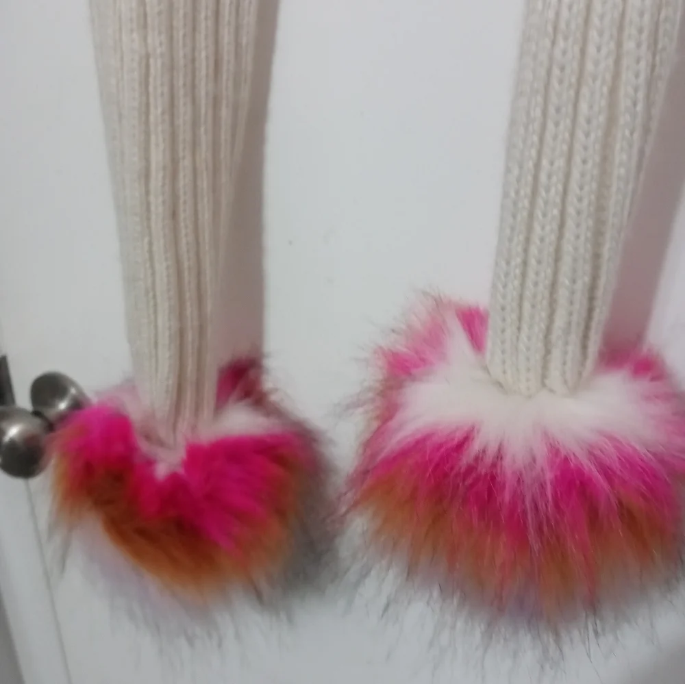 CABLE KNIT WINTER SCARF WITH MULTICOLOR POM POMS AT BOTH ENDS